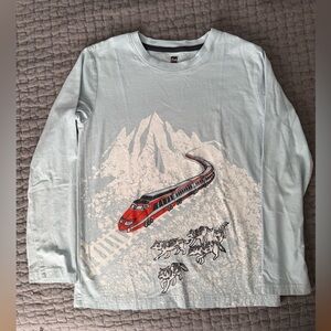 Tea Collection Light Blue Long Sleeve Tee with Red Train through the mountains